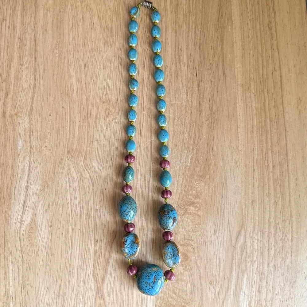 Vintage Artisan Ceramic Bead Statement Necklace Turquoise Speckled 26” Inch - Picture 10 of 15